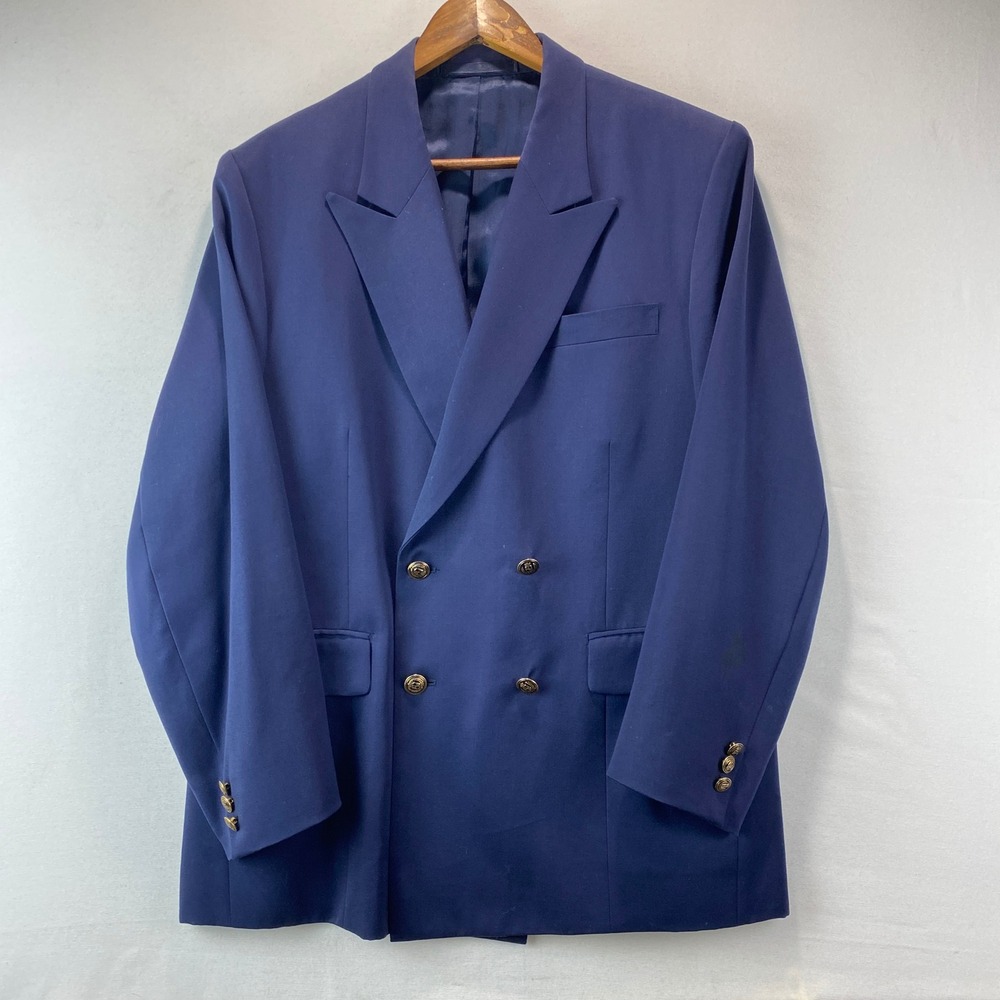 VTG  Bespoke Sam's Tailor Double Breasted Blazer Mens 42 Navy Blue Gold Crest